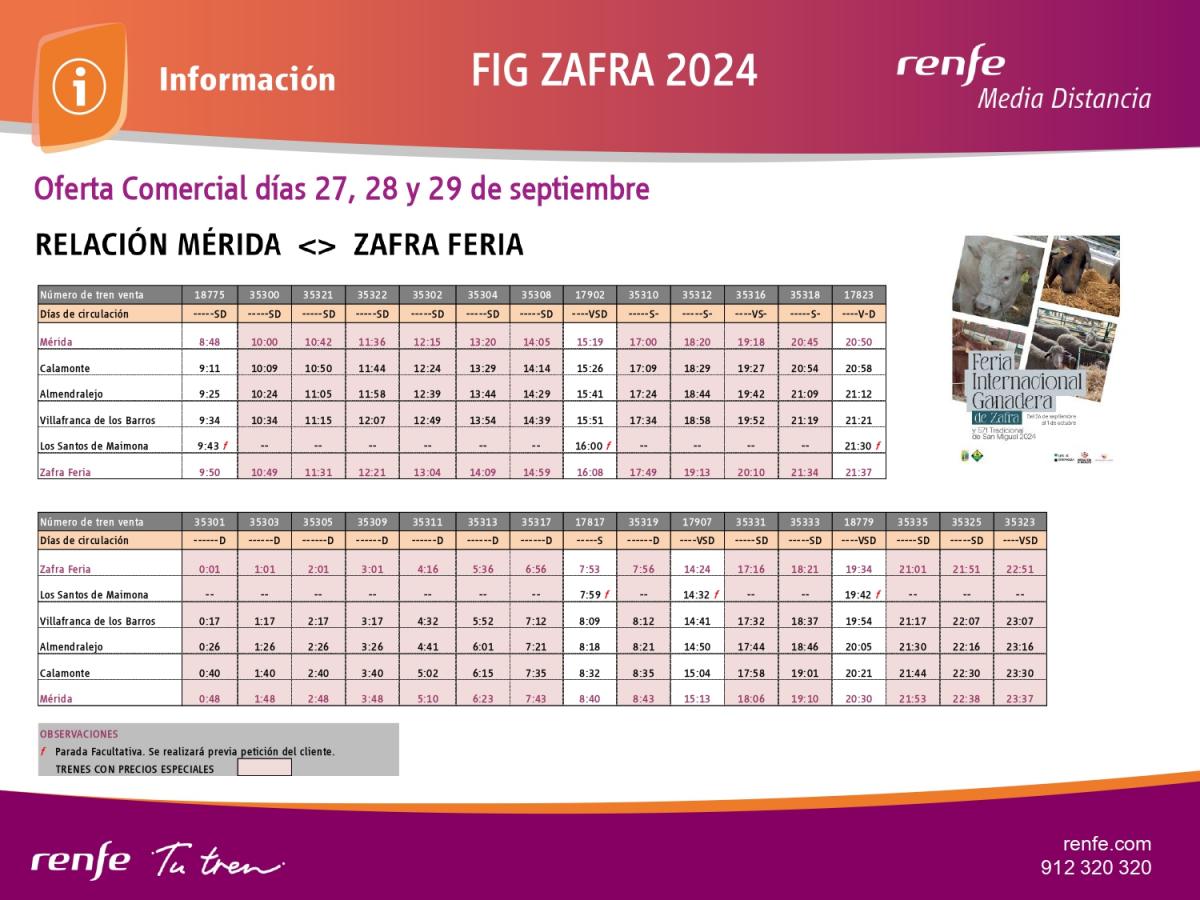 Renfe programa 56 trenes para viajar a la feria de Zafra el próximo fin de semana