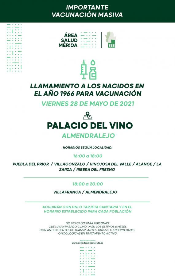 Las personas nacidas en 1966 se vacunan hoy en el Palacio del Vino