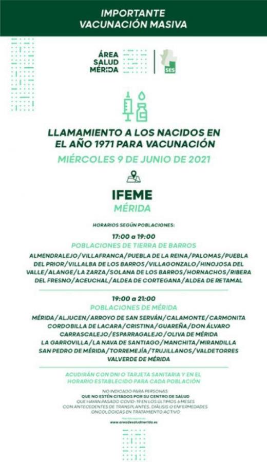 Este miércoles se vacunarán en Mérida las personas nacidas en el año 1971